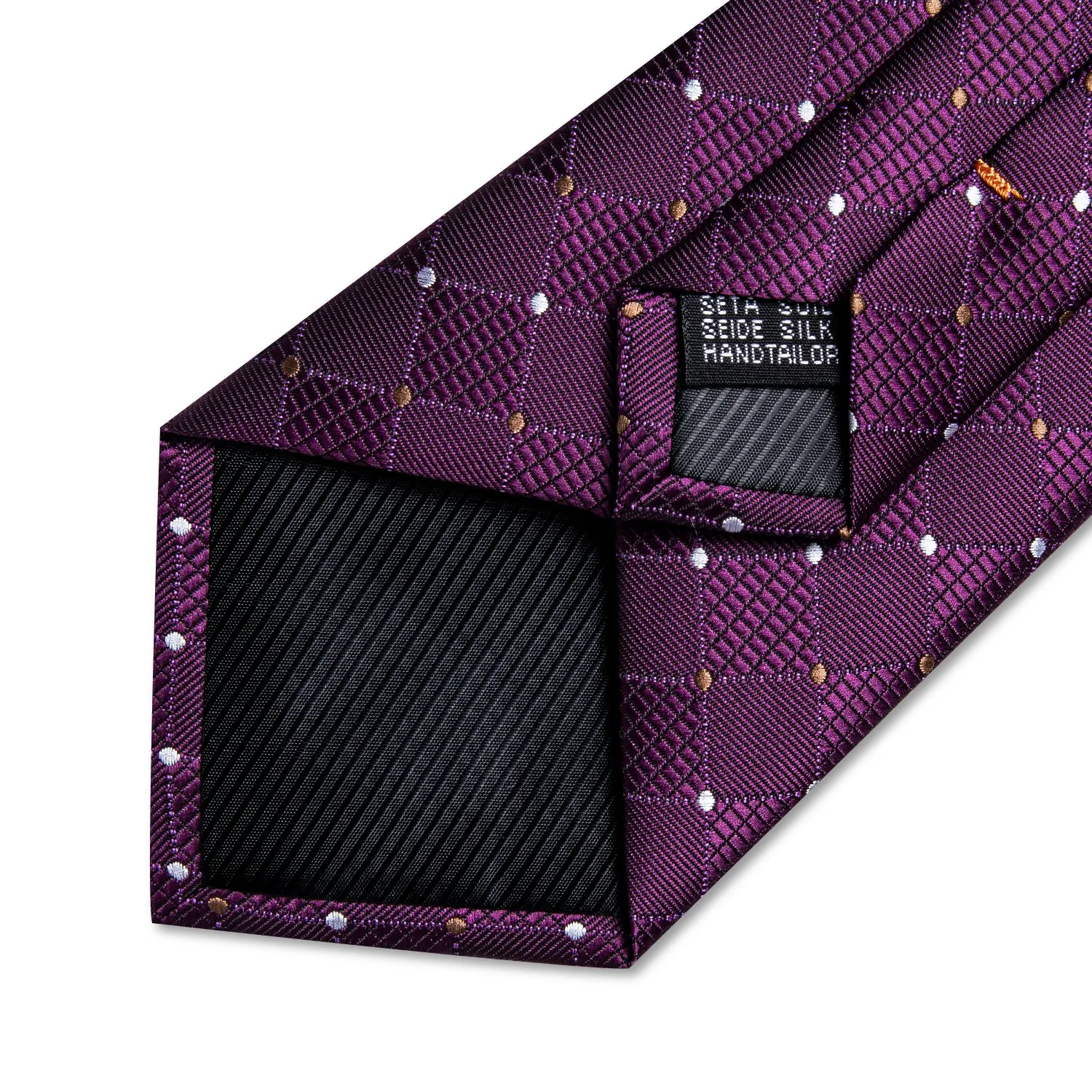 DiBanGu Silk Tie Purple White Plaid Men's Tie Handkerchief Cufflinks Set