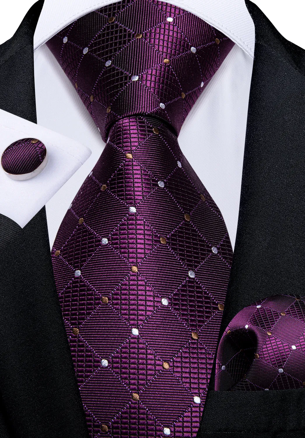 DiBanGu Silk Tie Purple White Plaid Men's Tie Handkerchief Cufflinks Set