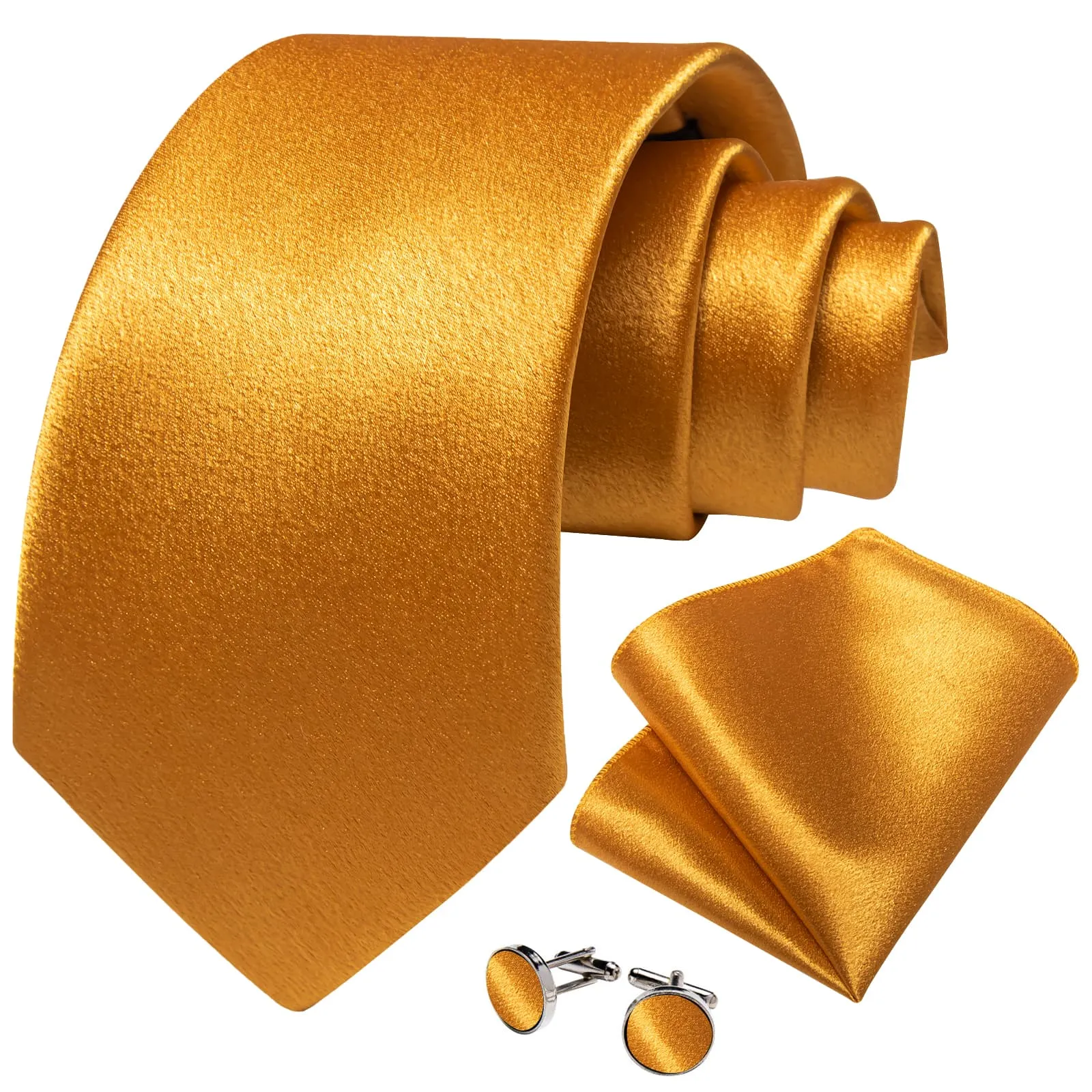 DiBanGu Silk Tie Shining Gold Yellow Solid Mens Tuxedo Work Dresses Tie Pocket Square Cufflinks Set