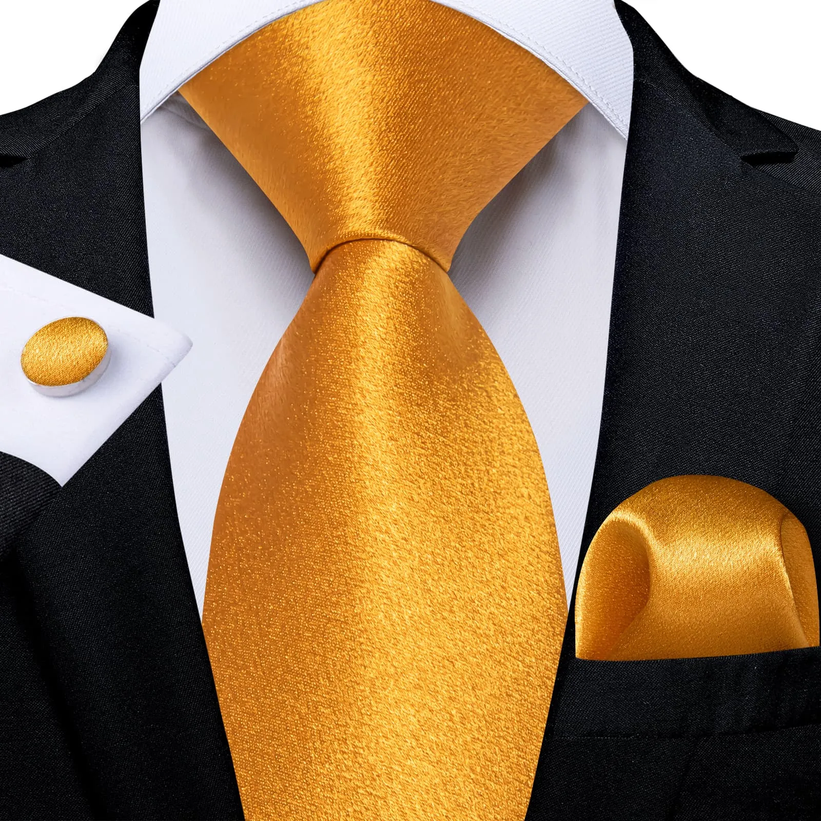 DiBanGu Silk Tie Shining Gold Yellow Solid Mens Tuxedo Work Dresses Tie Pocket Square Cufflinks Set