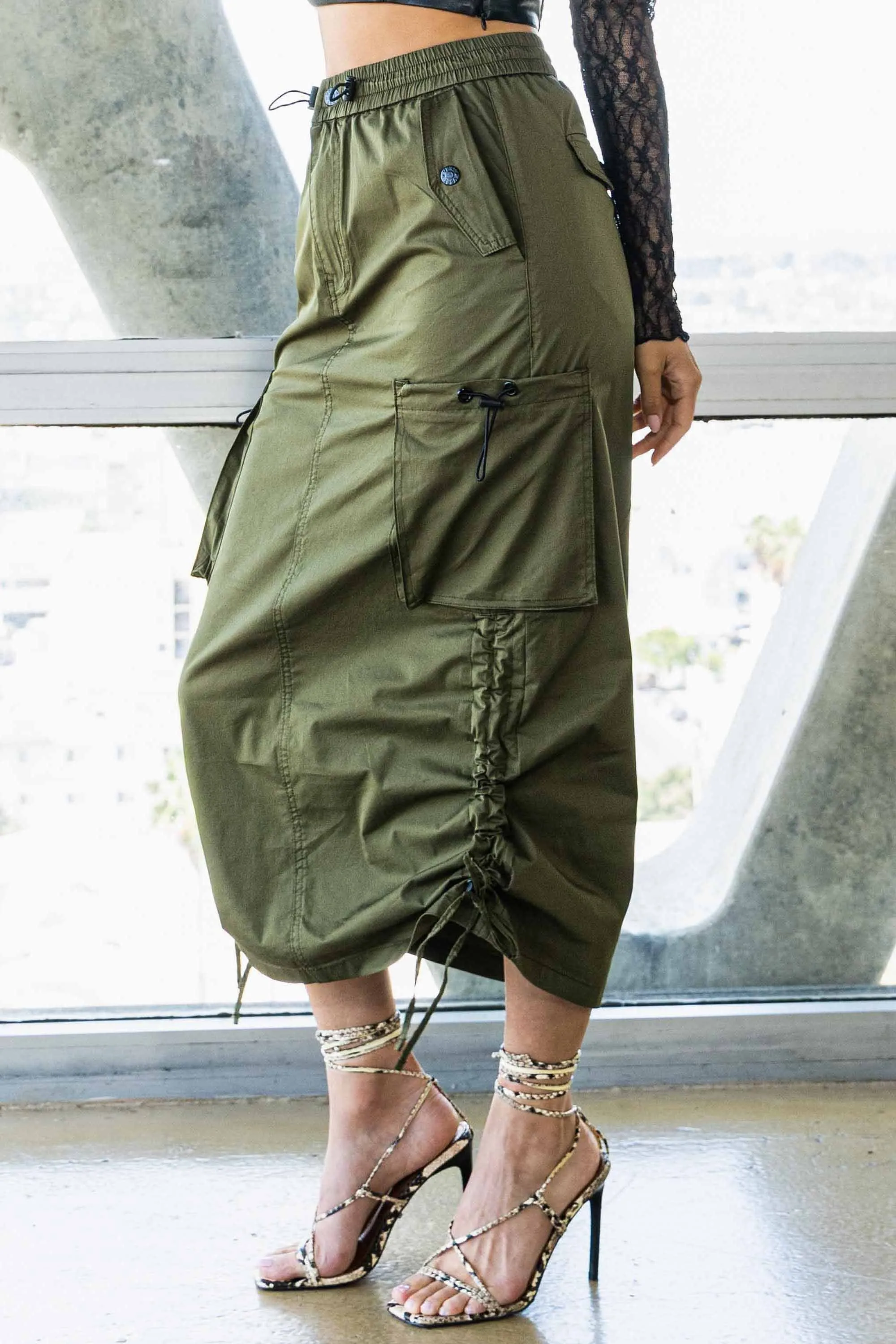 Drawstring Side Flap Y2K Cargo Column Skirt