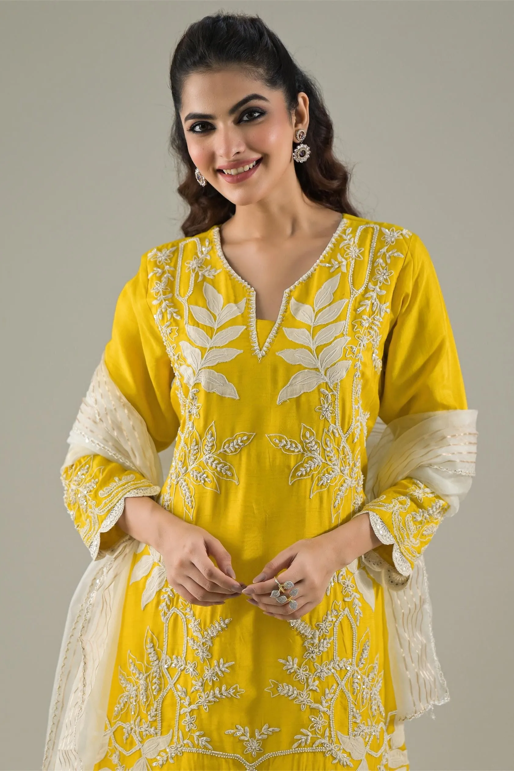 Festive Yellow Embroidered Raw Silk Pants Set