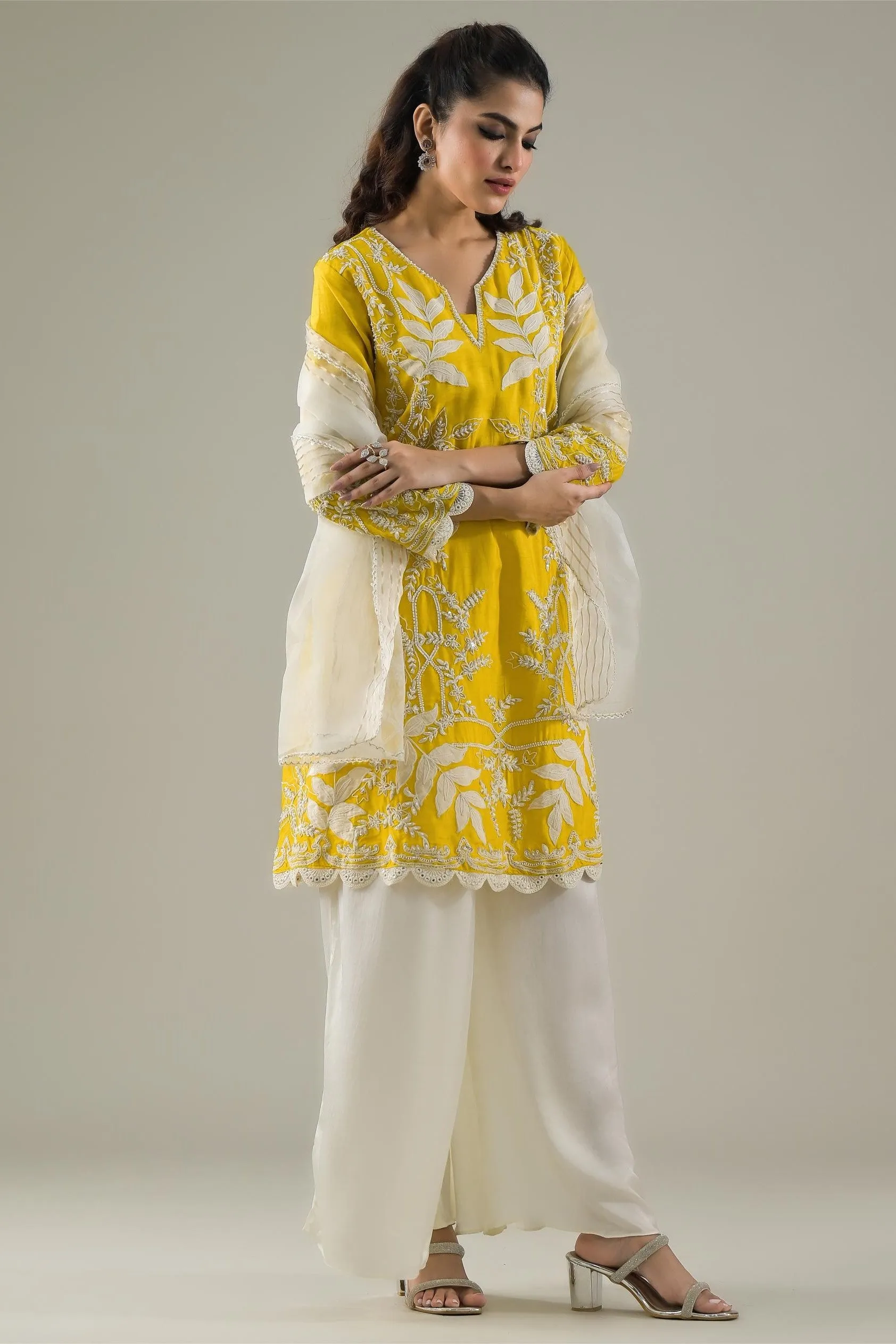 Festive Yellow Embroidered Raw Silk Pants Set