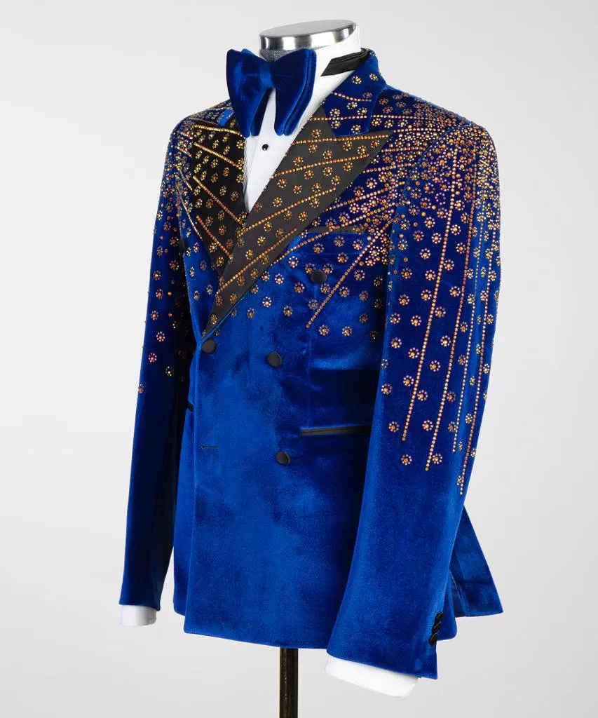 Gold Stone Blue Velvet Tuxedo Jacket