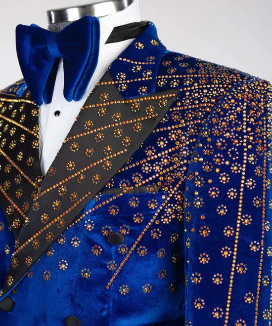 Gold Stone Blue Velvet Tuxedo Jacket