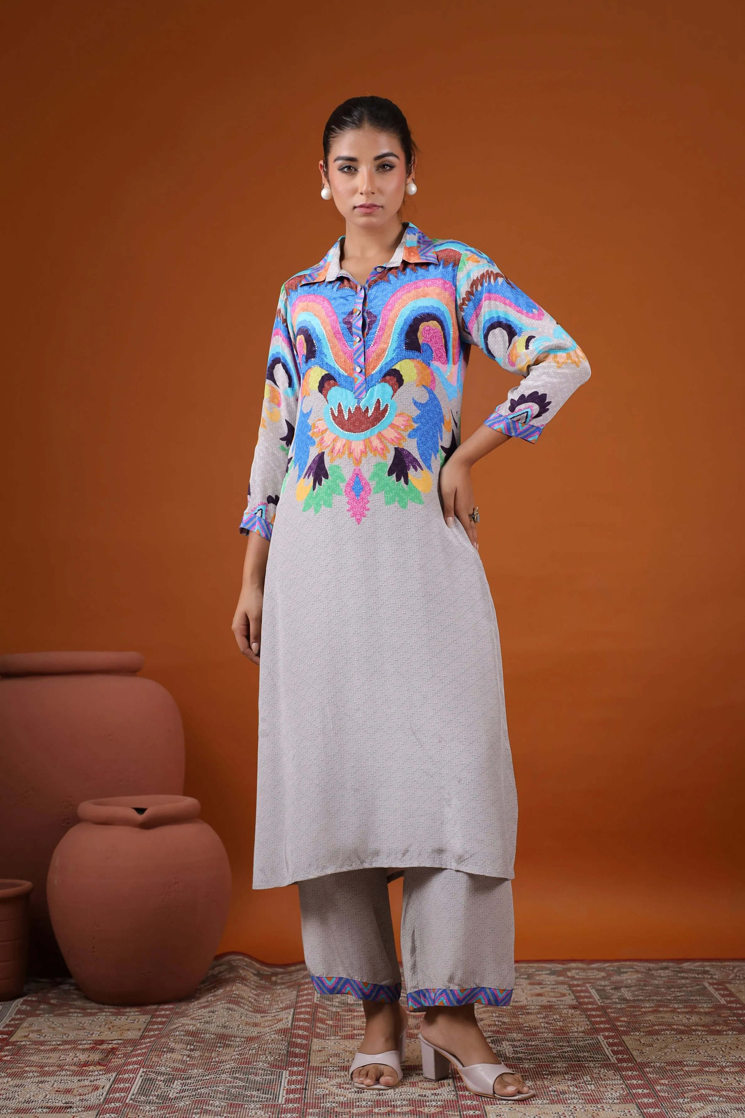 Grey Abstract Printed Crepe Silk Kurta Set