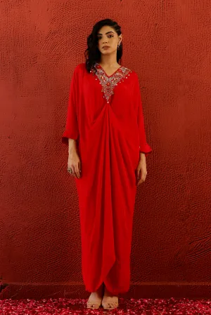 Hot Red Embroidered Premium Chinon Silk Kaftan Kurta Set