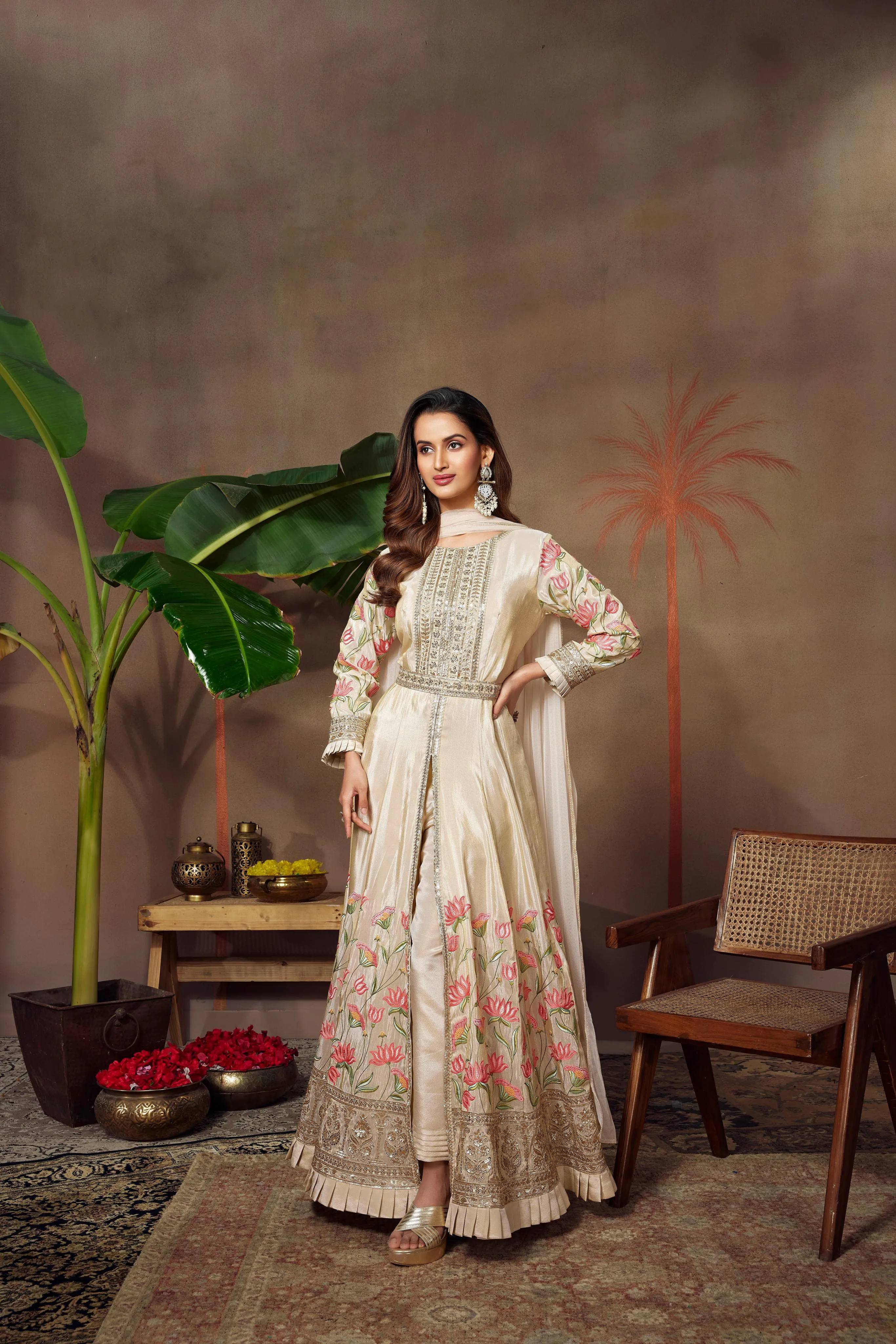 Ivory Embellished Premium Silk Anarkali Set