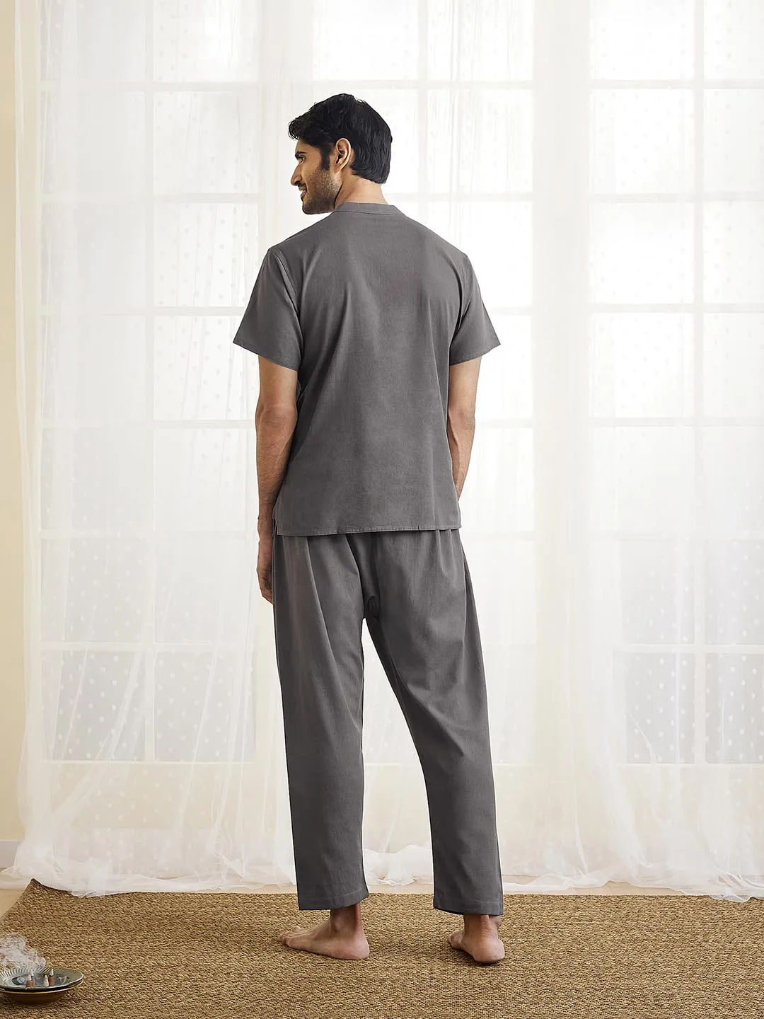 Jashvi Men's Grey Cotton Kurta Pyjama Set