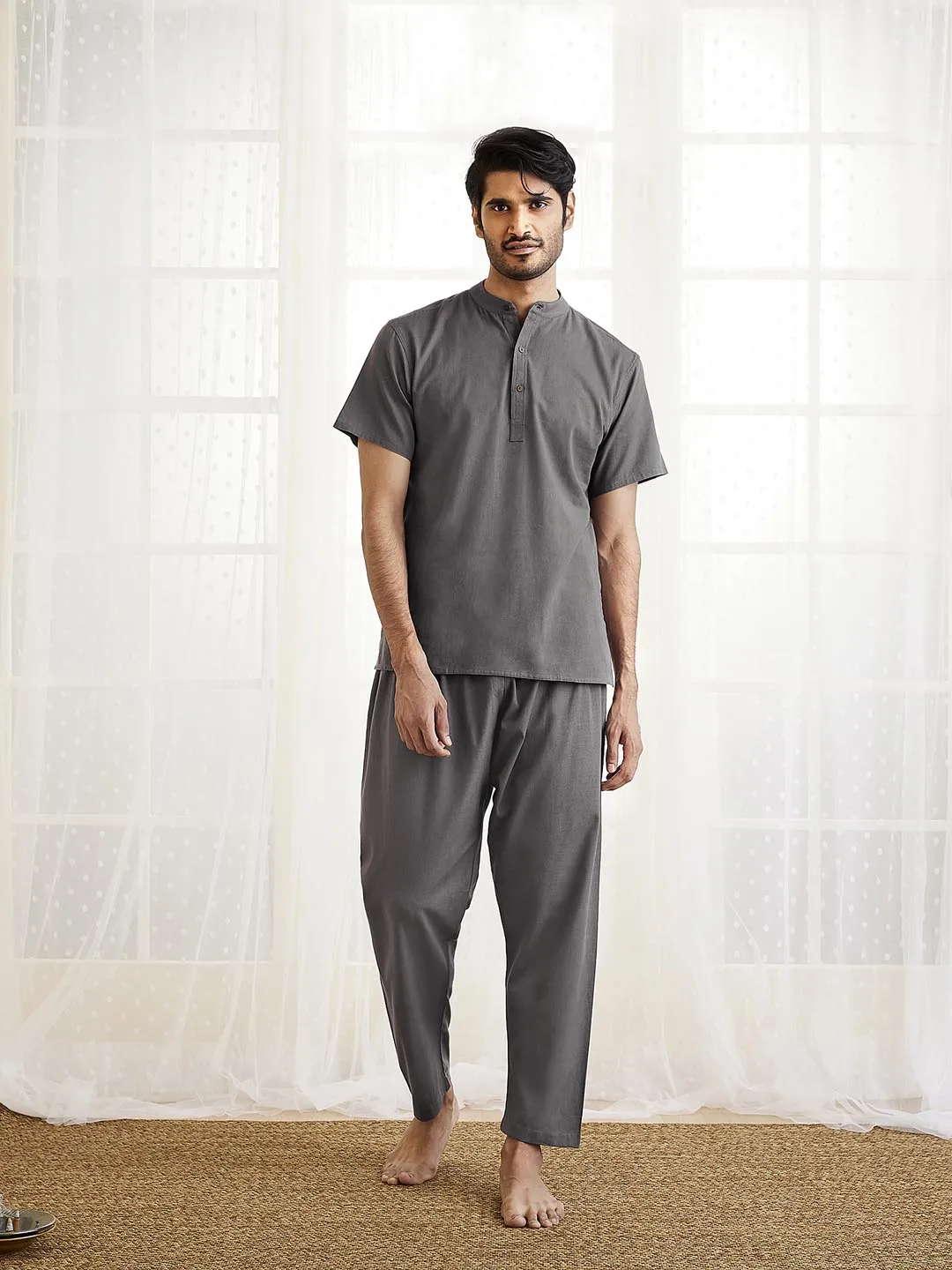 Jashvi Men's Grey Cotton Kurta Pyjama Set