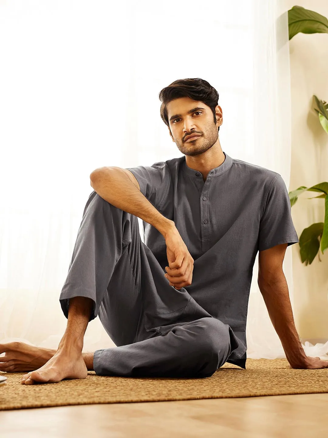 Jashvi Men's Grey Cotton Kurta Pyjama Set