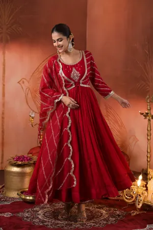 Maroon Embroidered Italian Silk Anarkali Set