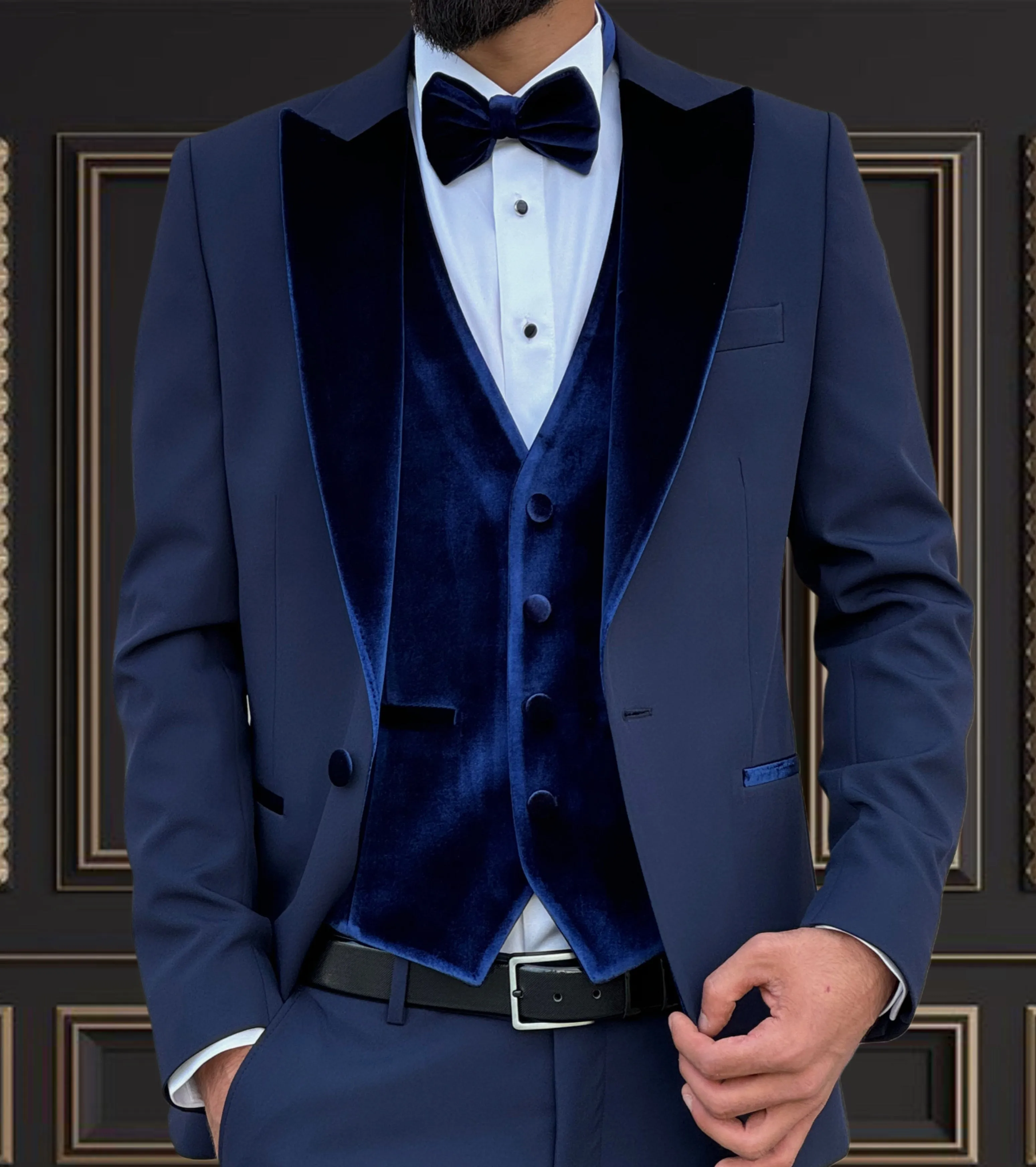 Men's Navy Tuxedo with Velvet Peak Lapel - Elegant Formal Wear for Weddings & Events