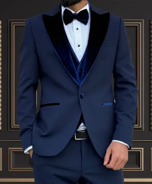 Men's Navy Tuxedo with Velvet Peak Lapel - Elegant Formal Wear for Weddings & Events