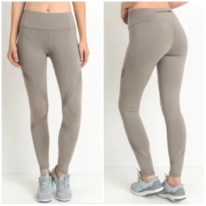 Mocha Athletic Leggings Pants Stretch High Waist Mesh Zipper Pocket Workout