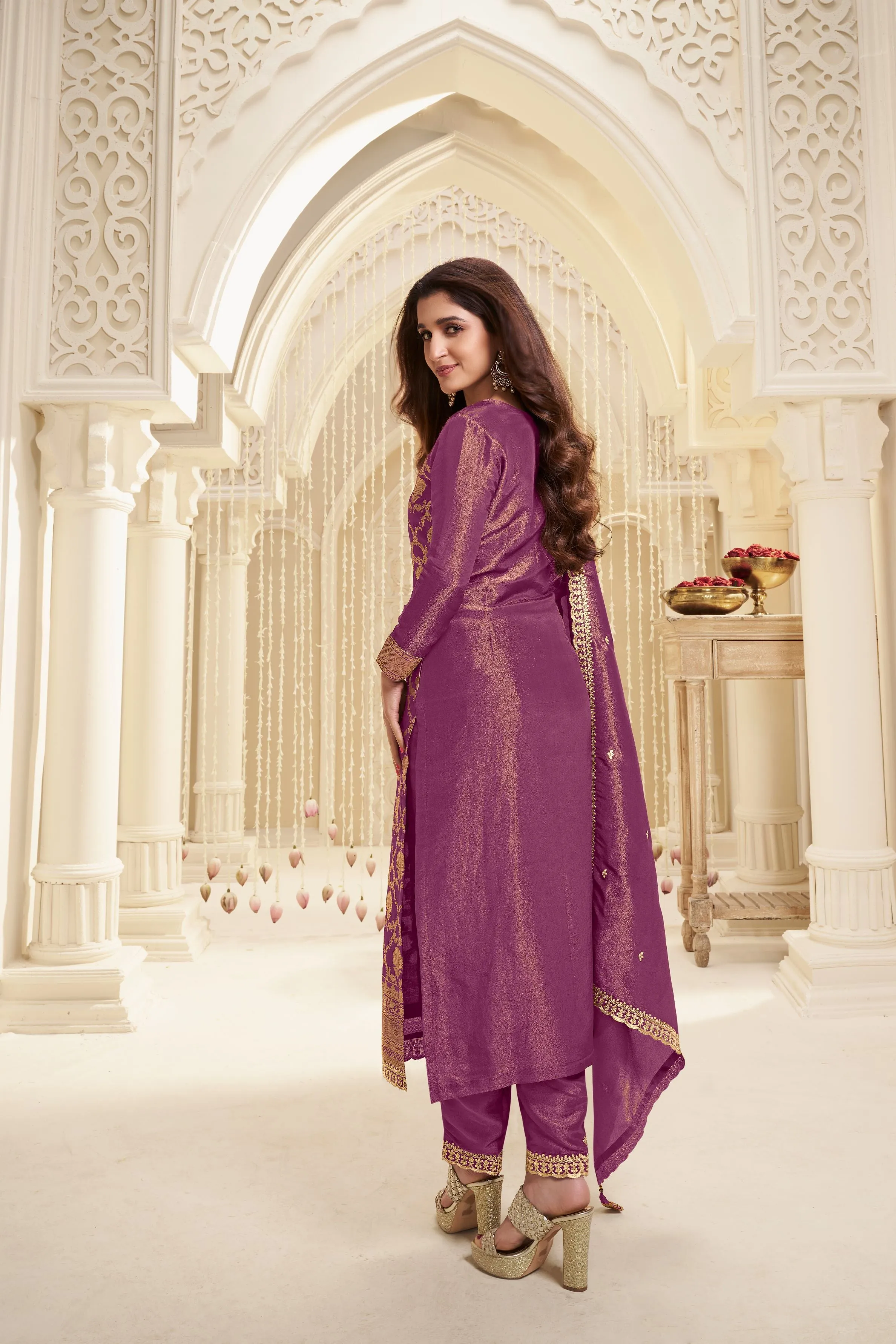 Pale Purple Banarasi Tissue Silk Pants Set