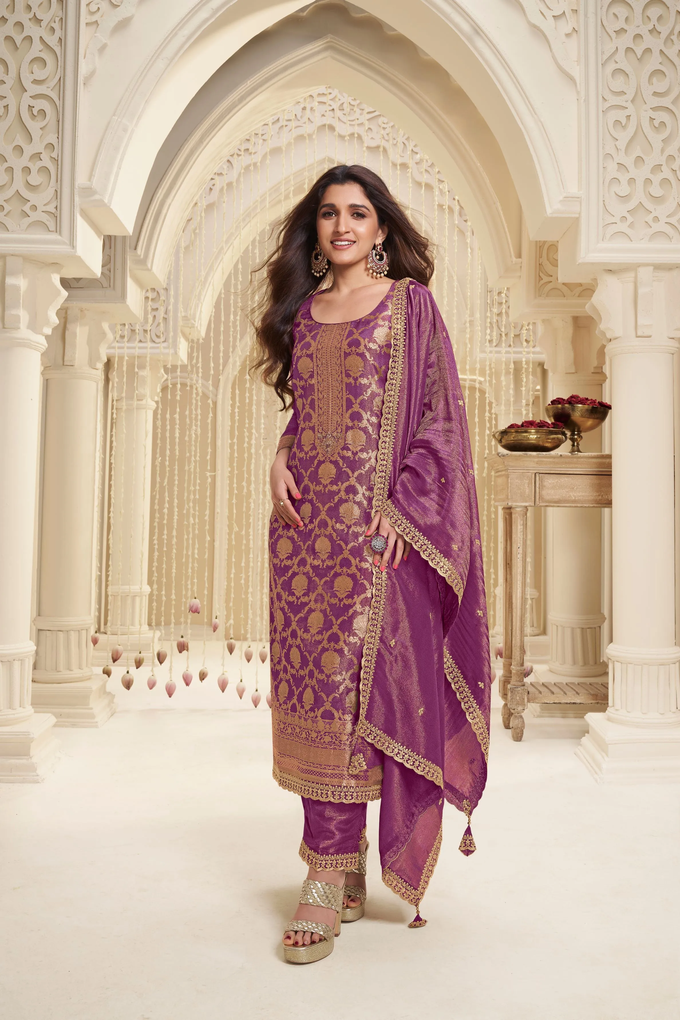 Pale Purple Banarasi Tissue Silk Pants Set