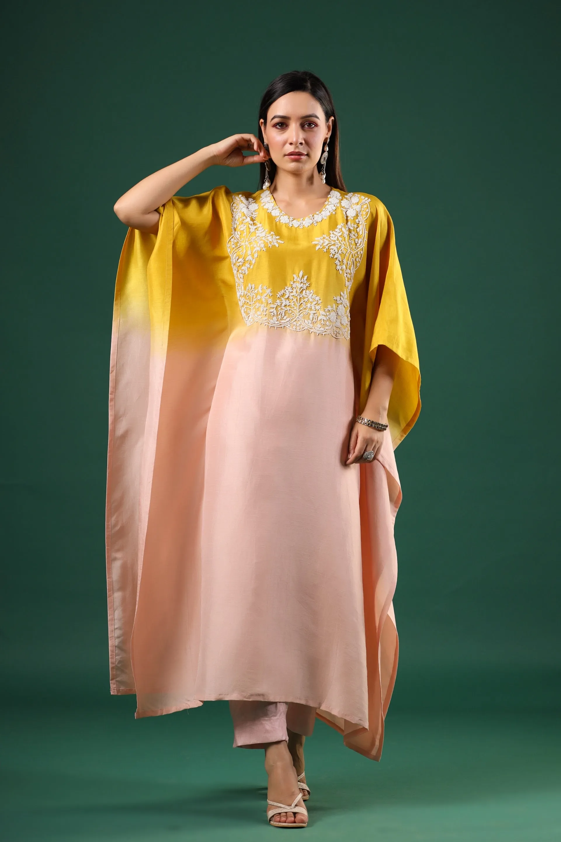 Peach Yellow Ombre Dyed Kaftan Set