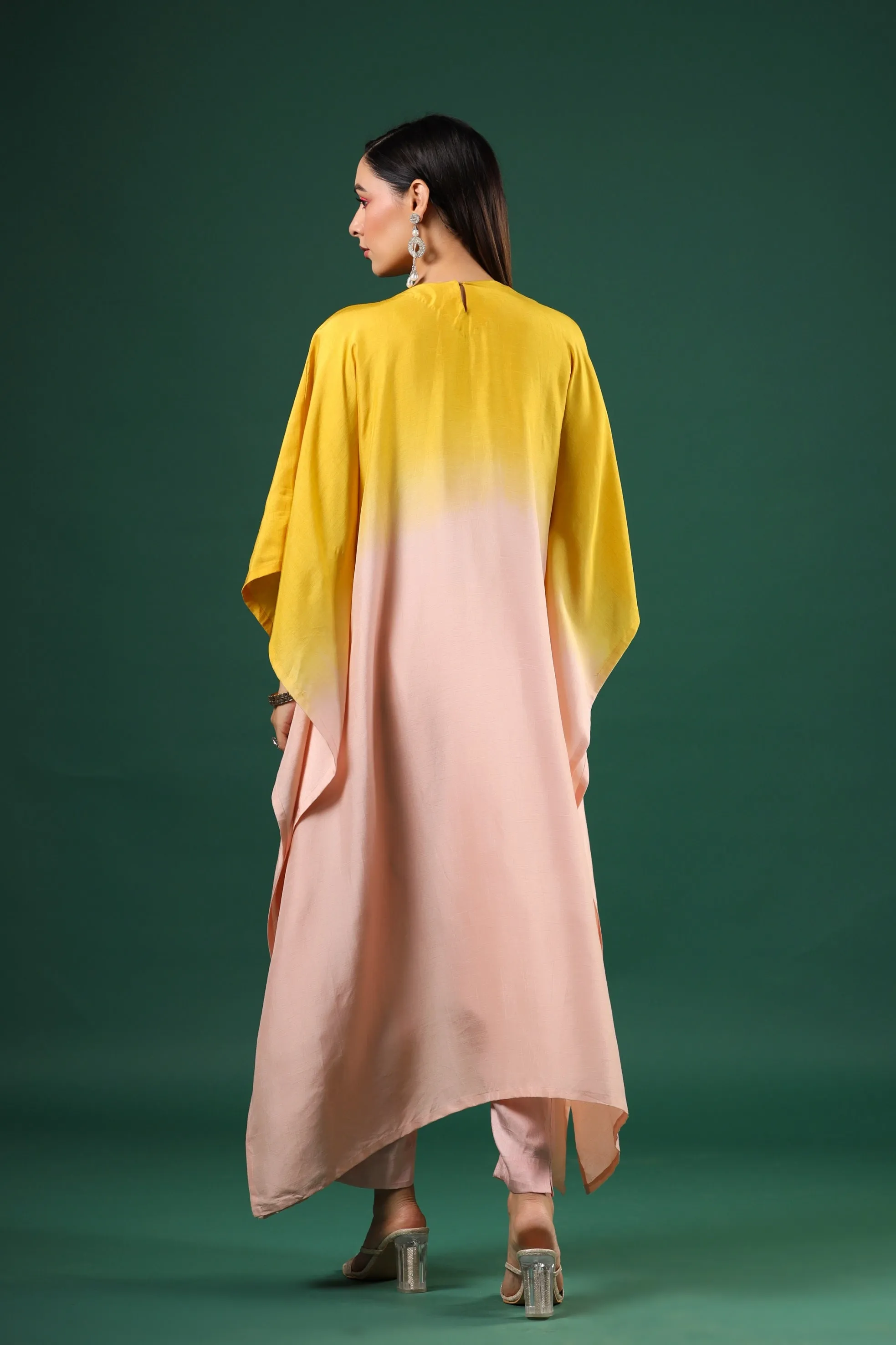 Peach Yellow Ombre Dyed Kaftan Set