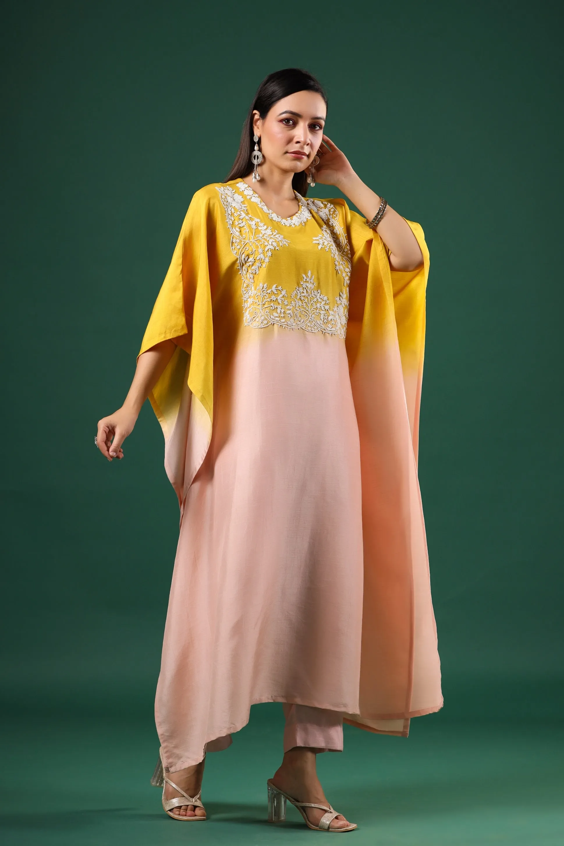 Peach Yellow Ombre Dyed Kaftan Set