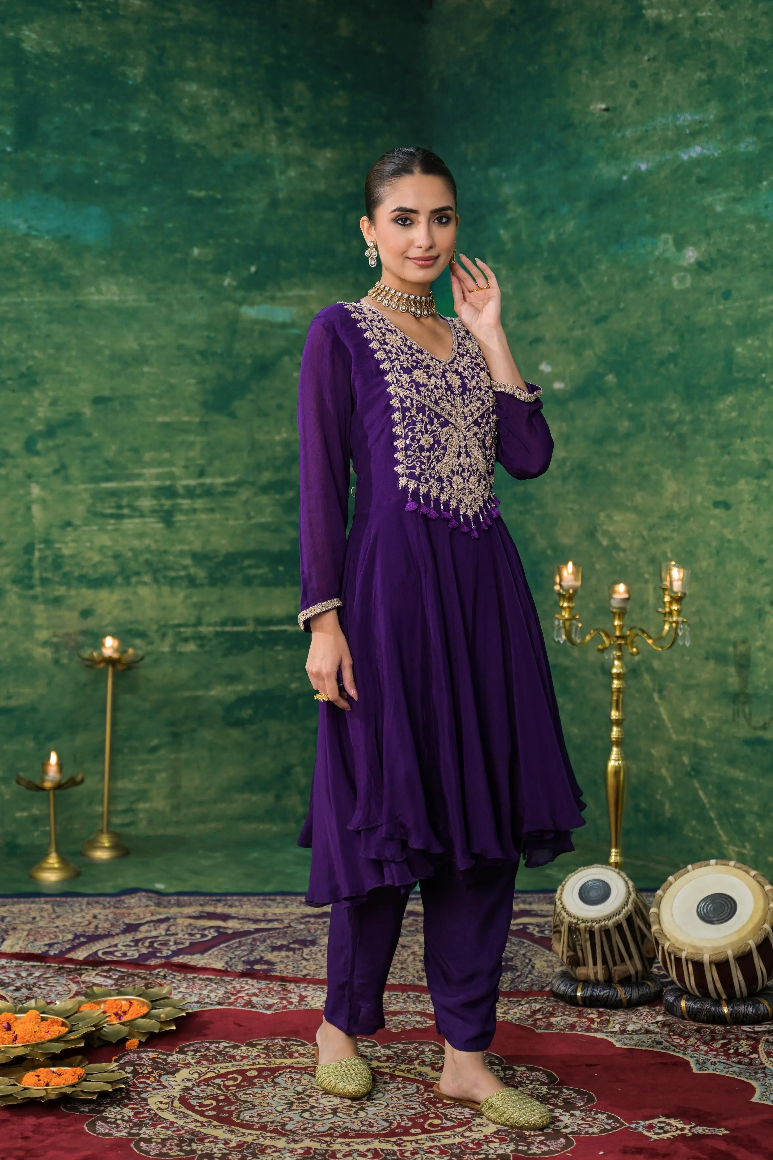 Purple Embroidered Chinon Silk Kurta Set