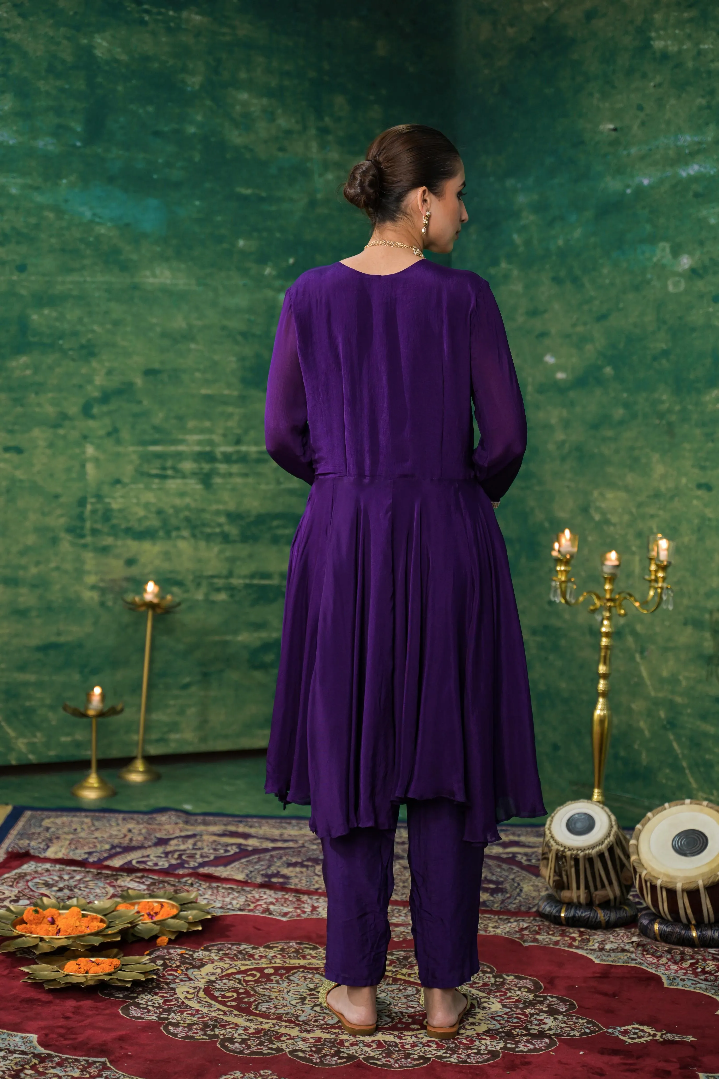 Purple Embroidered Chinon Silk Kurta Set