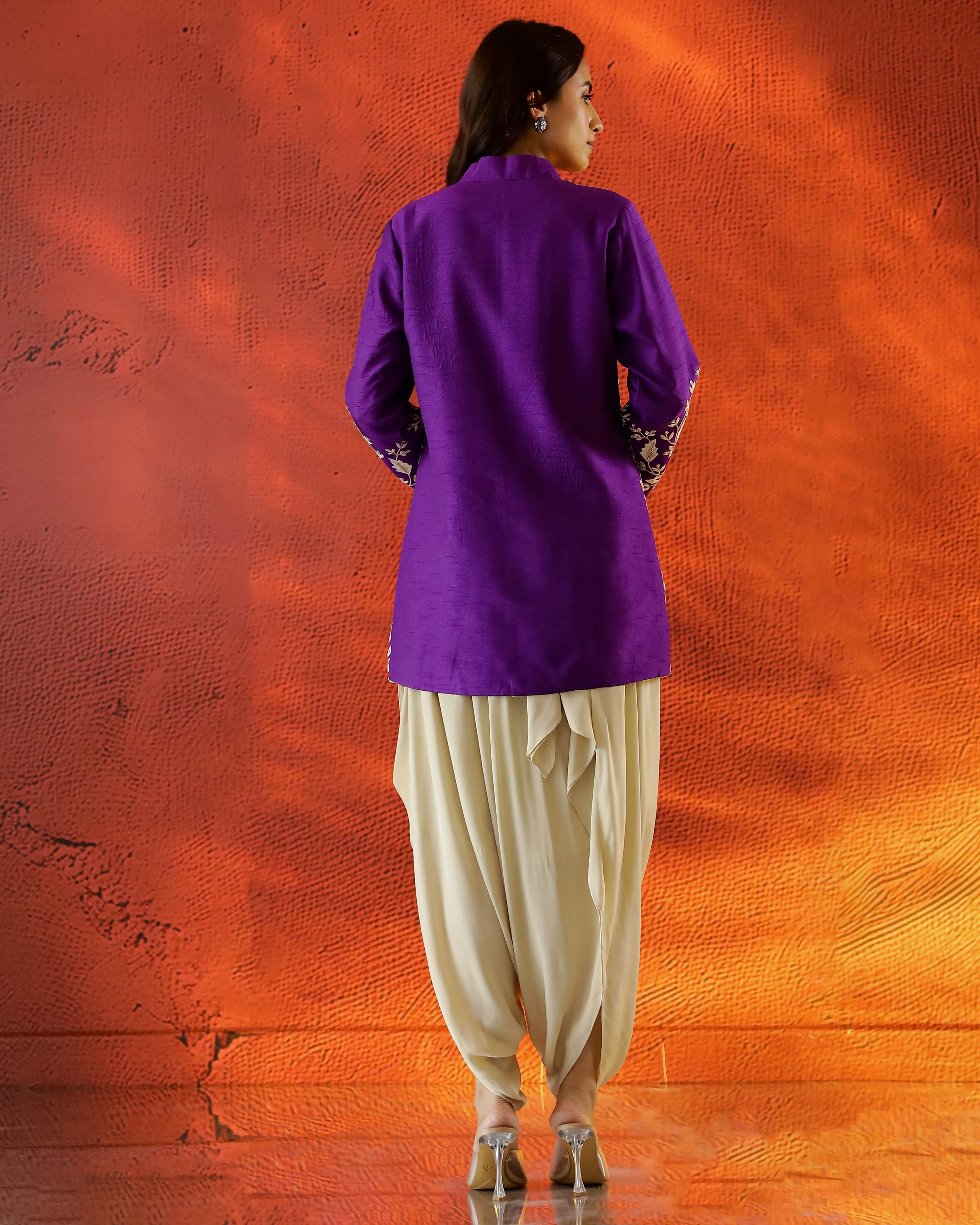 Purple Embroidered Jacket with Cowl Pants