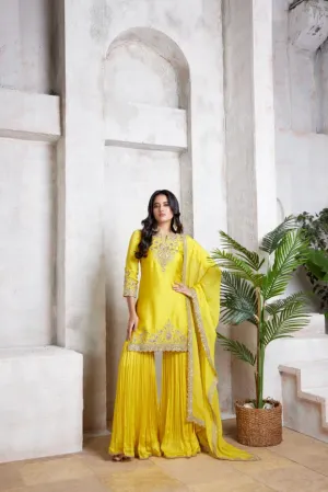 Radiant Yellow Embellished Satin Silk Sharara Set