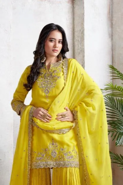 Radiant Yellow Embellished Satin Silk Sharara Set