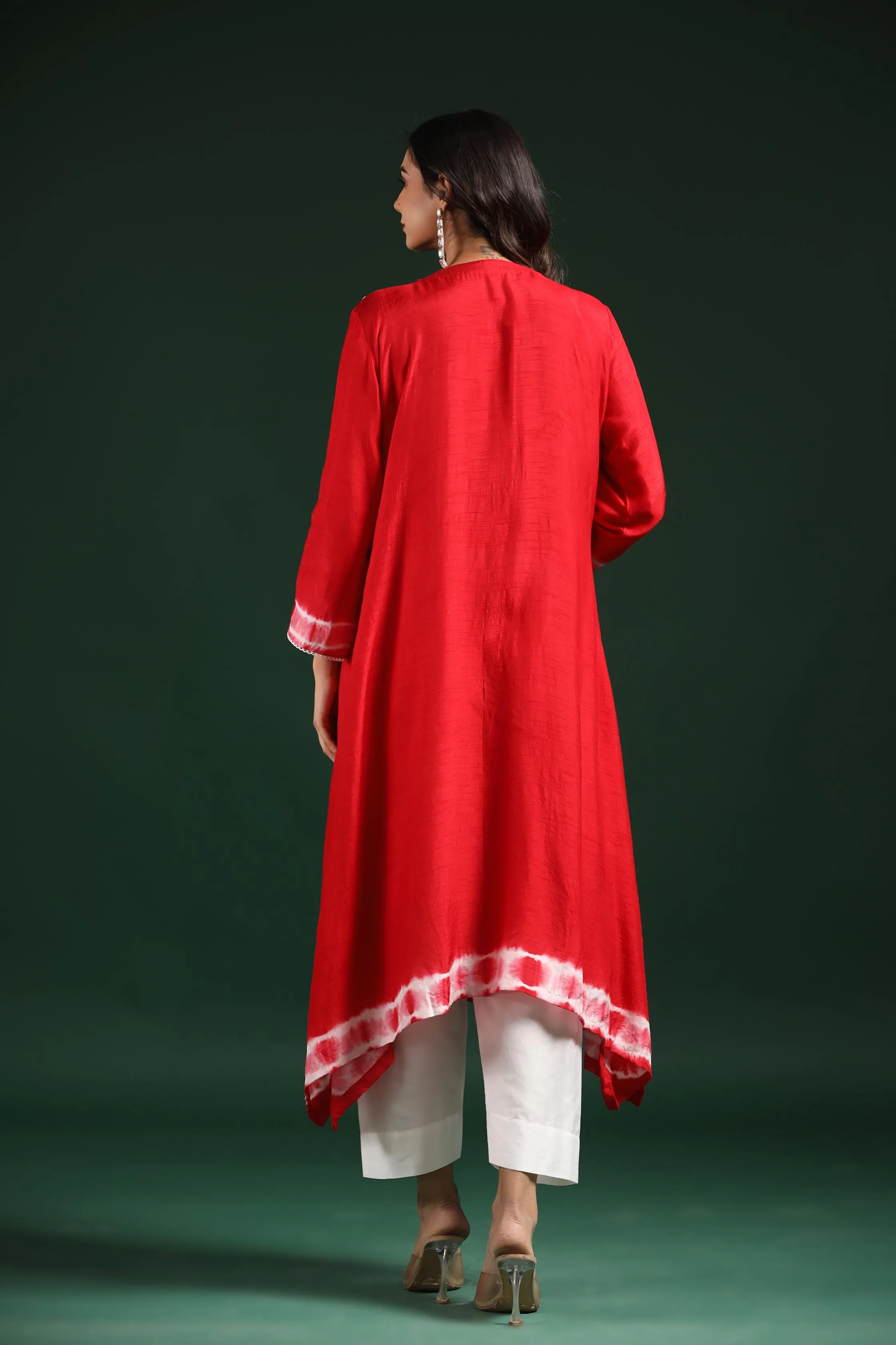 Red Tie Dye Raw Silk Kurta & Pants Set