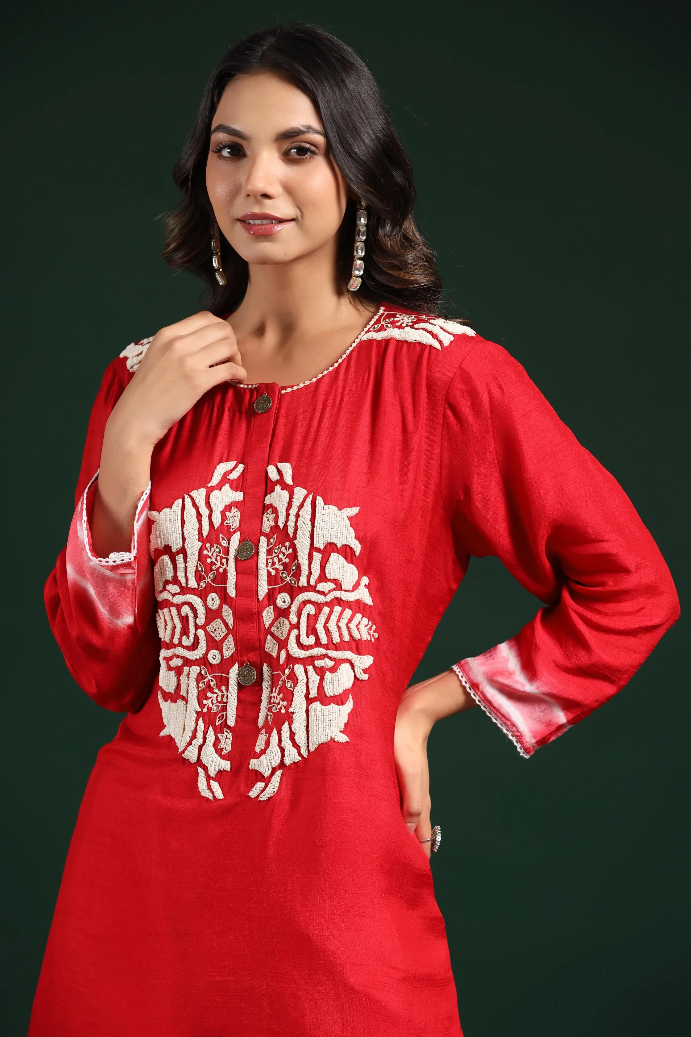 Red Tie Dye Raw Silk Kurta & Pants Set