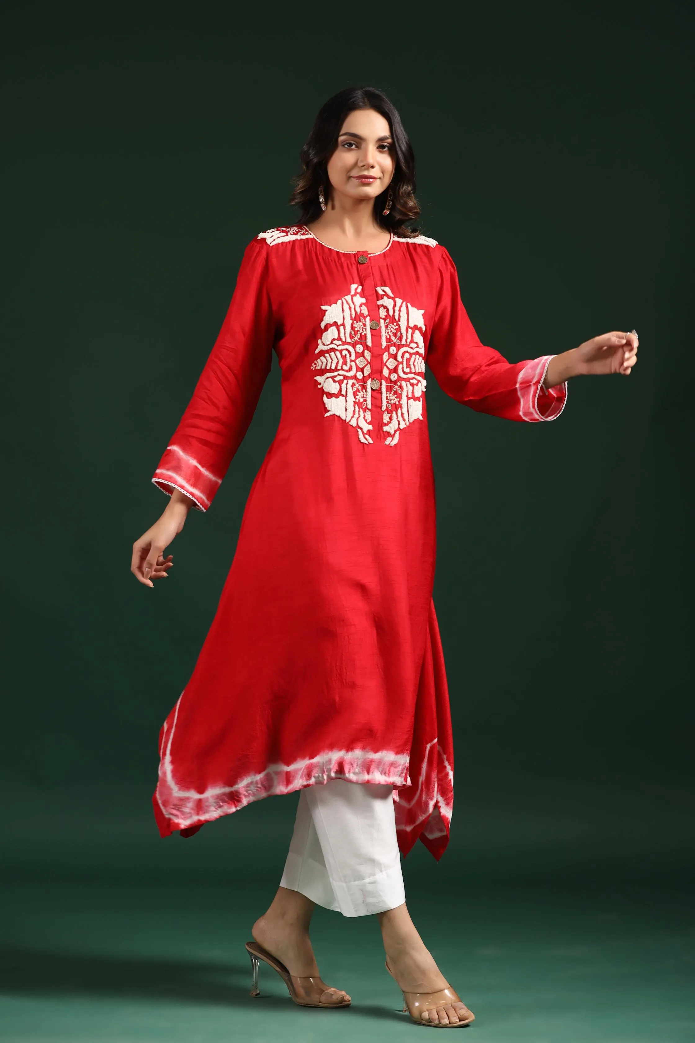 Red Tie Dye Raw Silk Kurta & Pants Set