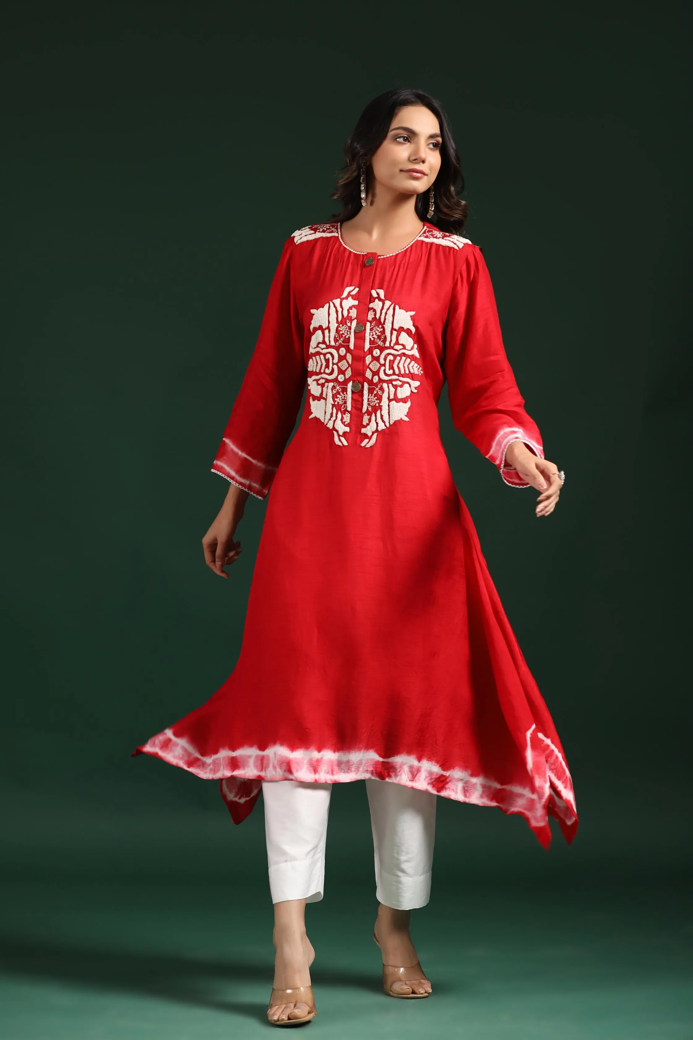 Red Tie Dye Raw Silk Kurta & Pants Set