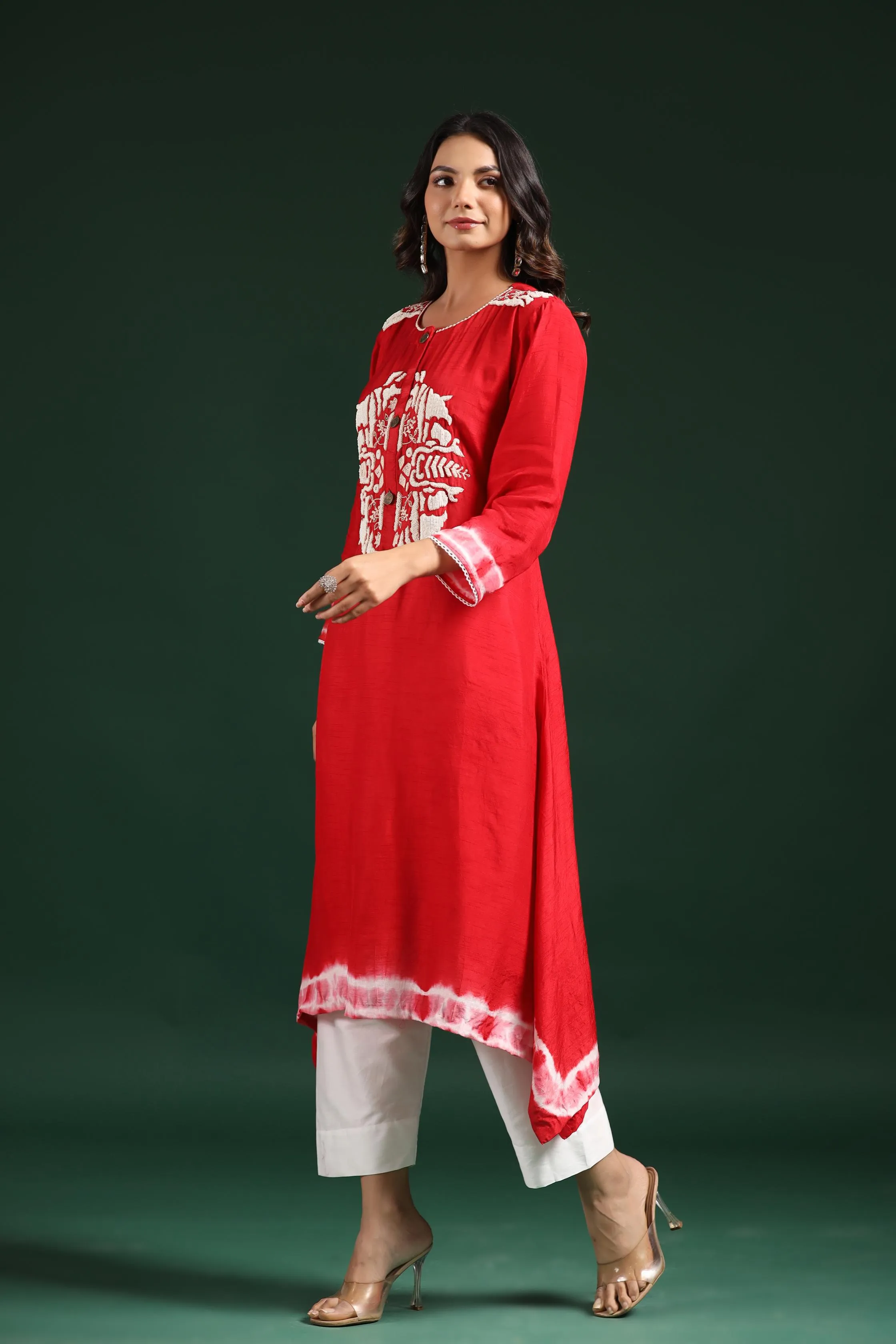 Red Tie Dye Raw Silk Kurta & Pants Set