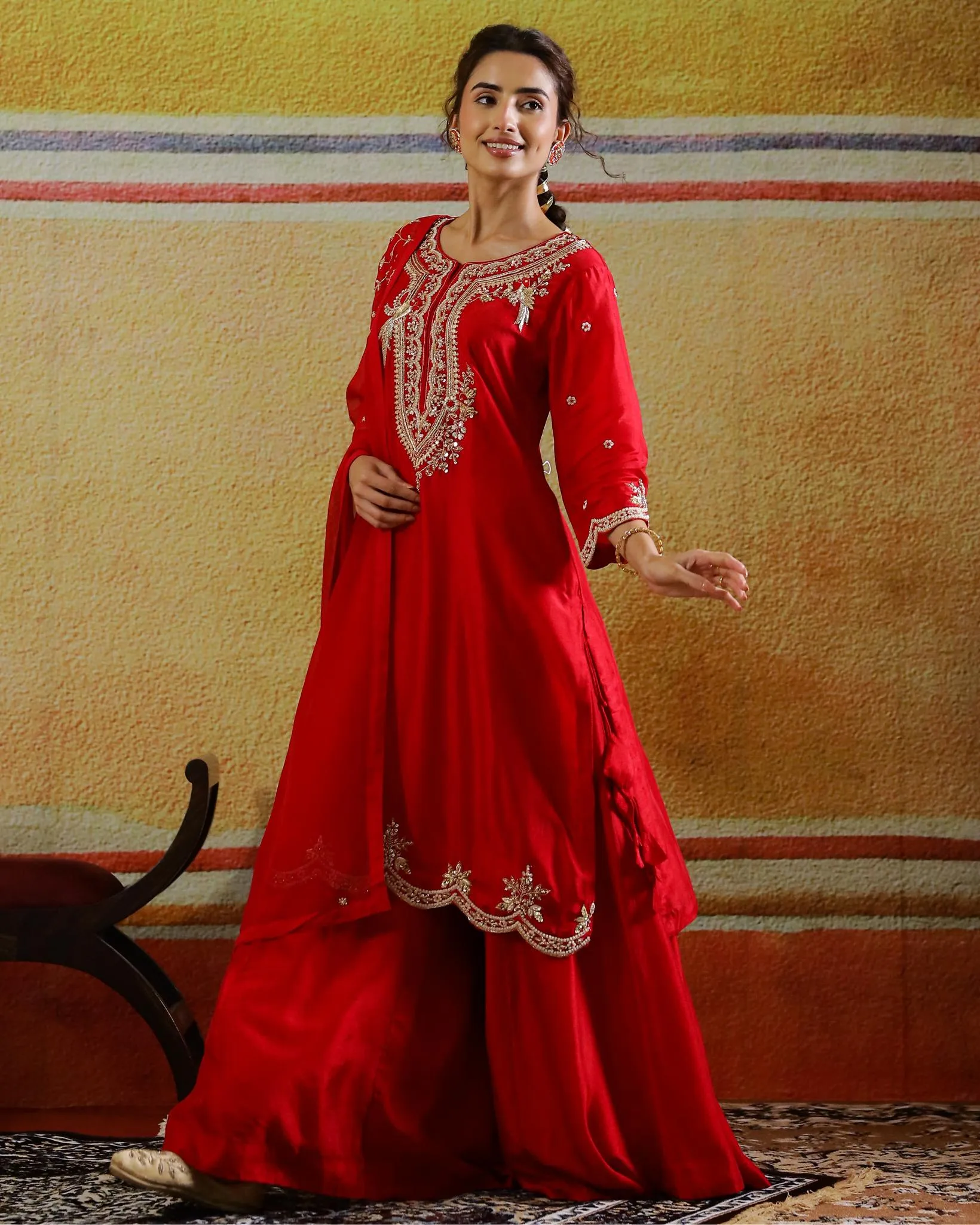 Ruby Red Embellished Raw Silk Palazzo Set