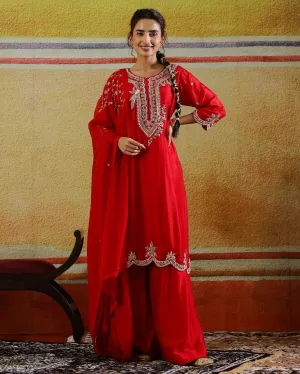 Ruby Red Embellished Raw Silk Palazzo Set