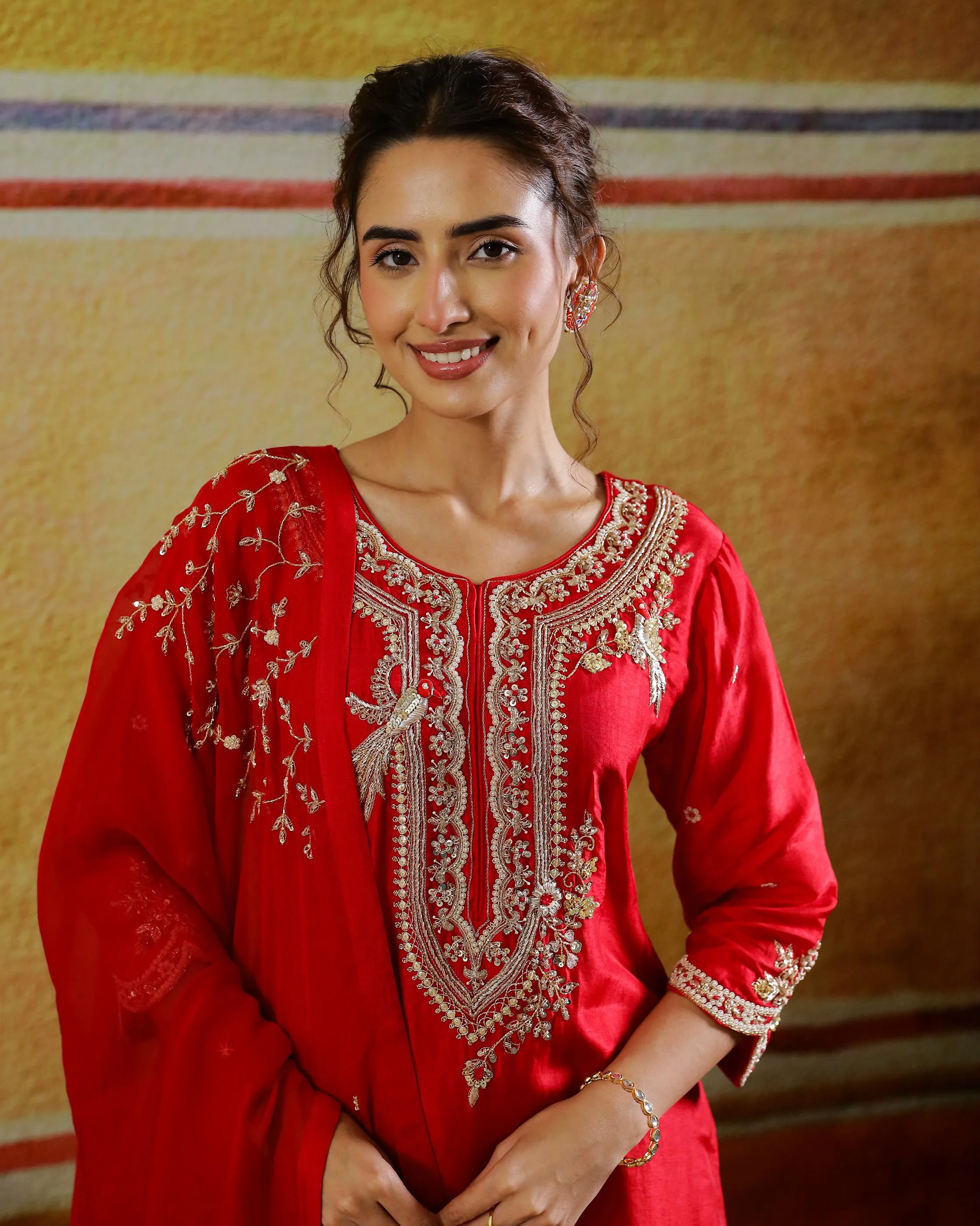 Ruby Red Embellished Raw Silk Palazzo Set