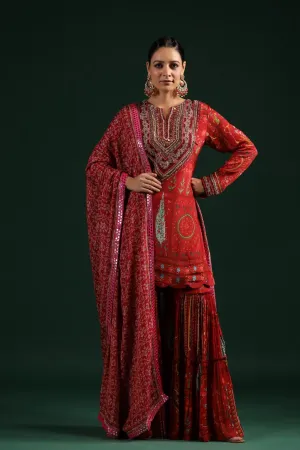 Ruby Red Wrinkled Chinon Printed Sharara Set