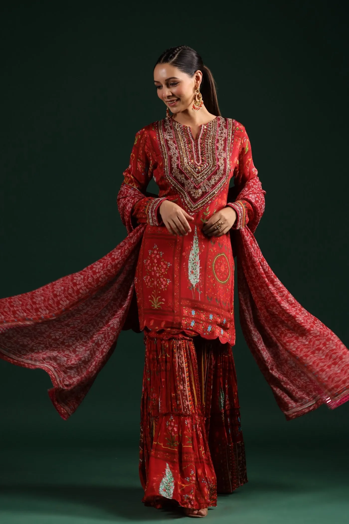 Ruby Red Wrinkled Chinon Printed Sharara Set