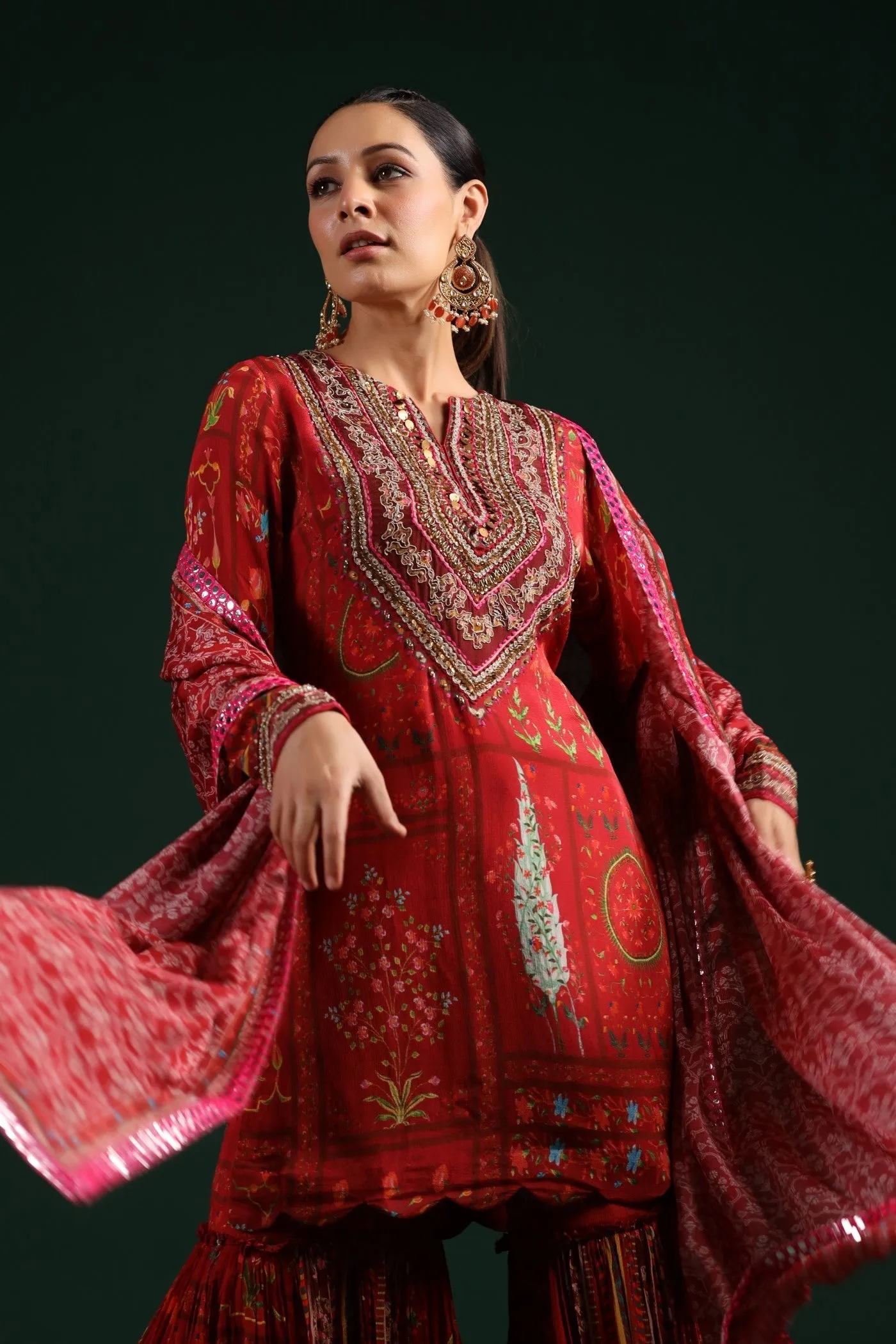 Ruby Red Wrinkled Chinon Printed Sharara Set