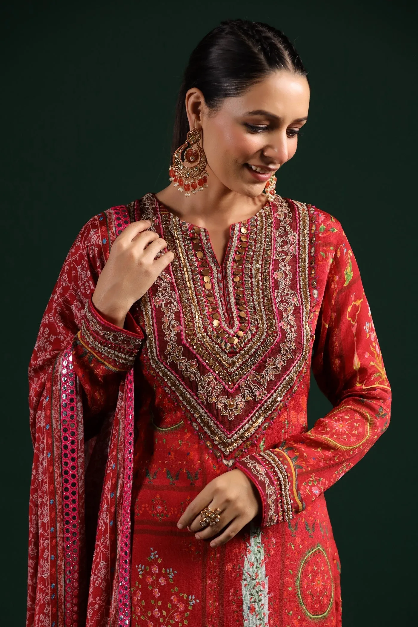 Ruby Red Wrinkled Chinon Printed Sharara Set