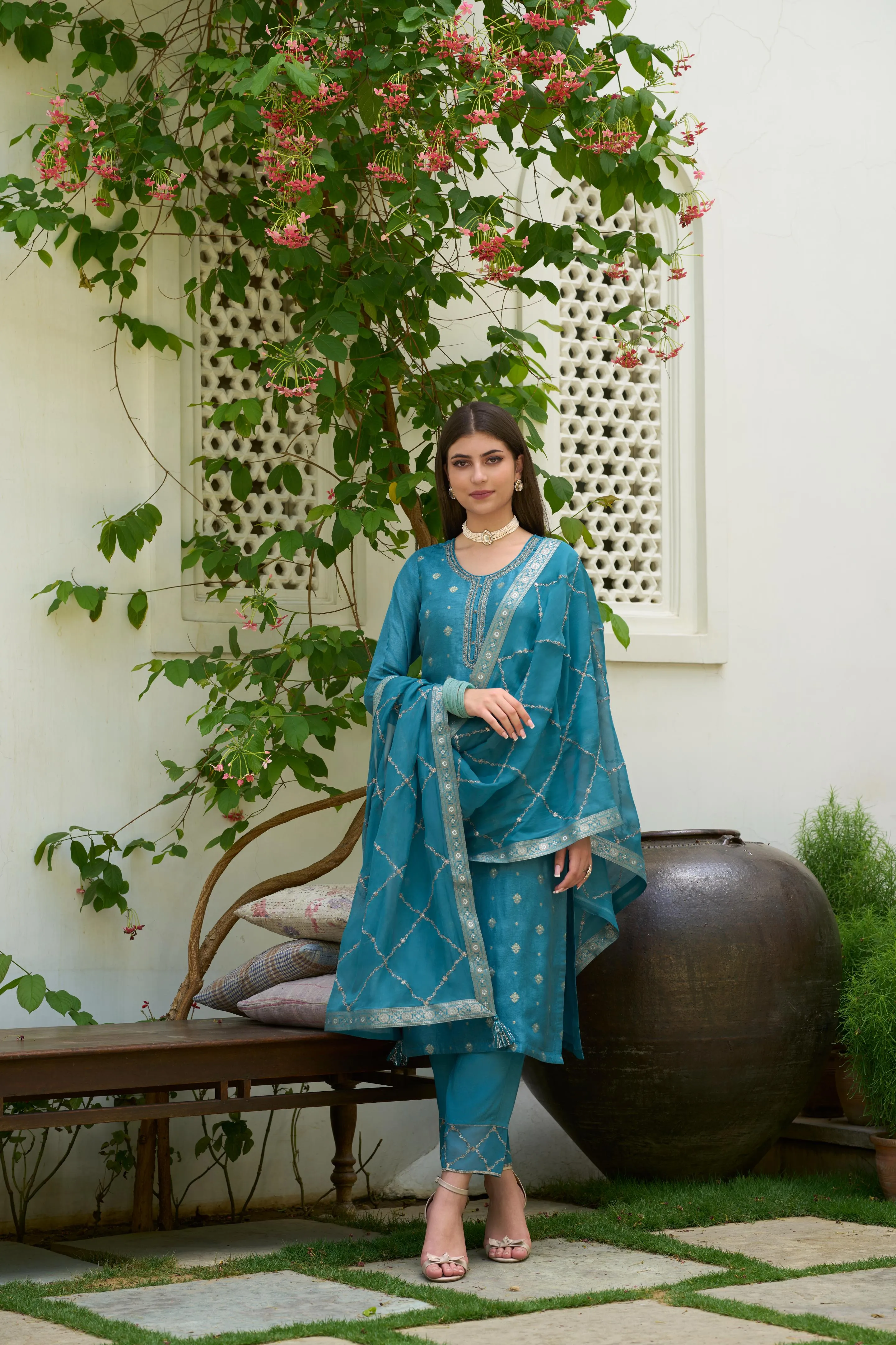 Sky Blue Embellished Brocade Silk Pants Set