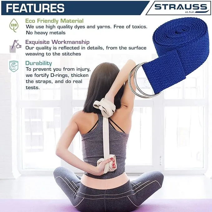 Strauss Yoga Strap & Stretching Belt | Ideal for Yoga, Pilates, Therapy, Dance, Gymnastics & Flexibility | 60% Thicker Belt with Extra Safe Adjustable Metal D-Ring Buckle | 8 feet (Blue) | Pack of 5