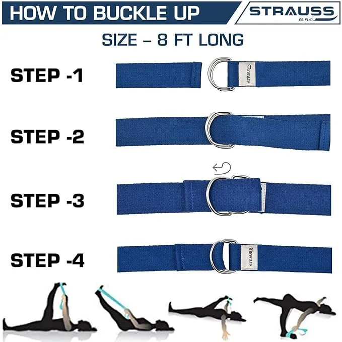 Strauss Yoga Strap & Stretching Belt | Ideal for Yoga, Pilates, Therapy, Dance, Gymnastics & Flexibility | 60% Thicker Belt with Extra Safe Adjustable Metal D-Ring Buckle | 8 feet (Blue) | Pack of 5