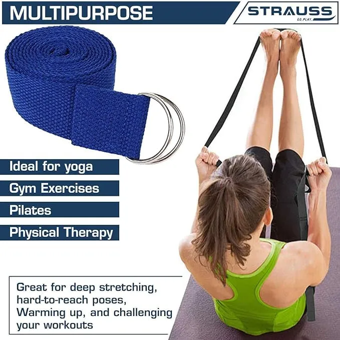 Strauss Yoga Strap & Stretching Belt | Ideal for Yoga, Pilates, Therapy, Dance, Gymnastics & Flexibility | 60% Thicker Belt with Extra Safe Adjustable Metal D-Ring Buckle | 8 feet (Blue) | Pack of 5