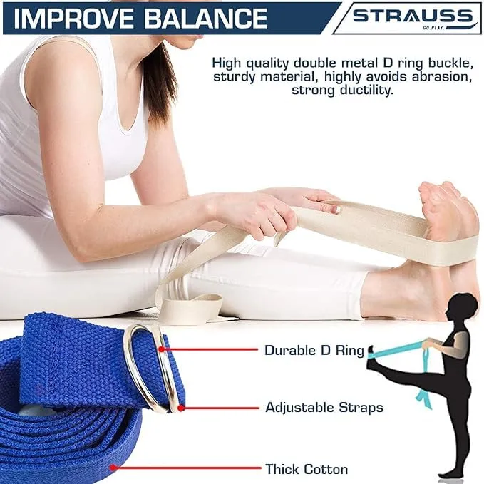 Strauss Yoga Strap & Stretching Belt | Ideal for Yoga, Pilates, Therapy, Dance, Gymnastics & Flexibility | 60% Thicker Belt with Extra Safe Adjustable Metal D-Ring Buckle | 8 feet (Blue) | Pack of 5