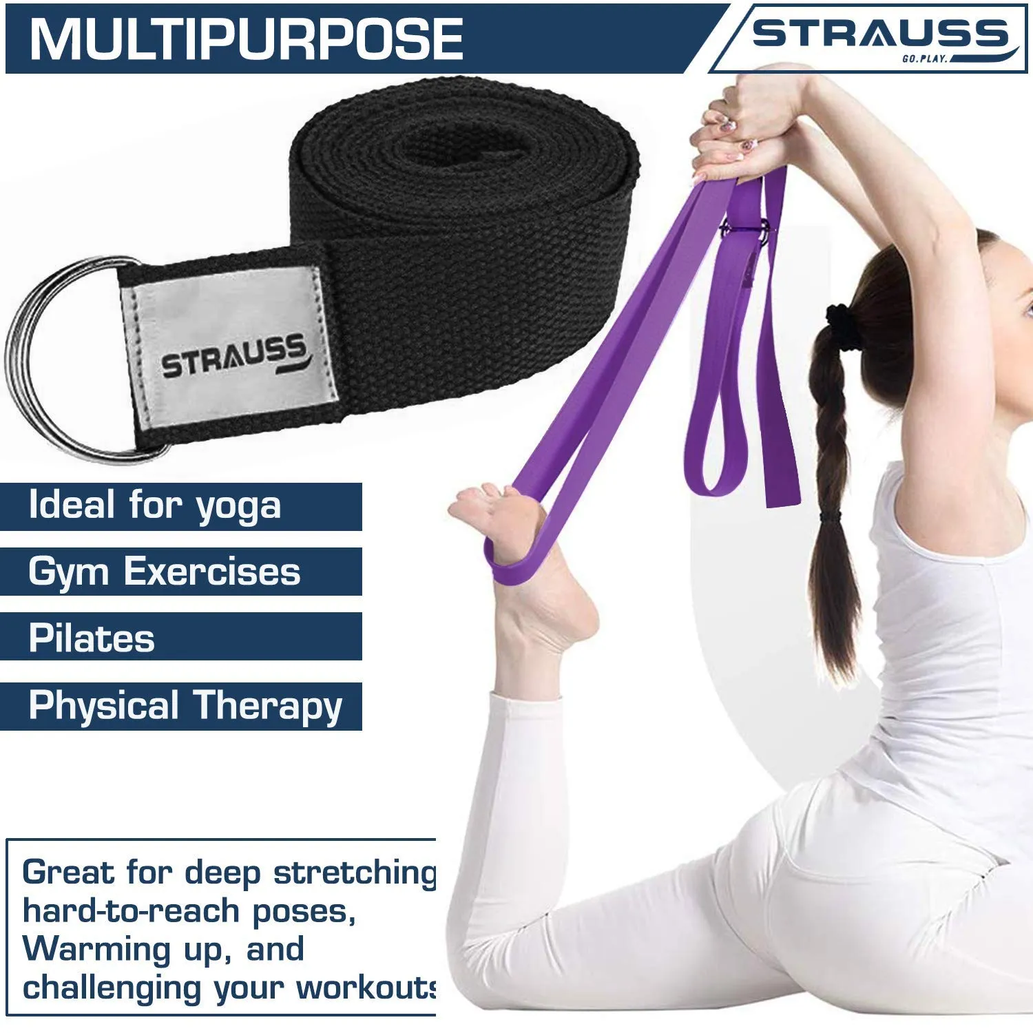 Strauss Yoga Strap & Stretching Belt | Ideal for Yoga, Pilates, Therapy, Dance, Gymnastics & Flexibility | 60% Thicker Belt with Extra Safe Adjustable Metal D-Ring Buckle | Eco-Friendly, 8 feet (Black)