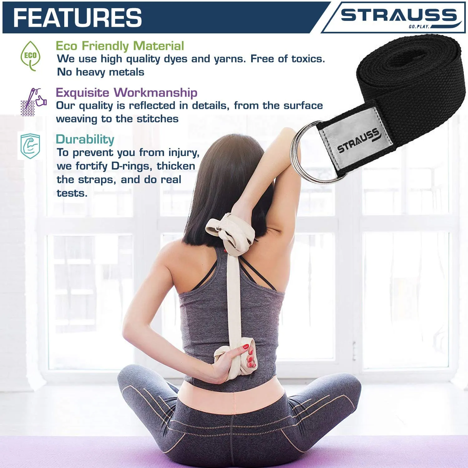 Strauss Yoga Strap & Stretching Belt | Ideal for Yoga, Pilates, Therapy, Dance, Gymnastics & Flexibility | 60% Thicker Belt with Extra Safe Adjustable Metal D-Ring Buckle | Eco-Friendly, 8 feet (Black)