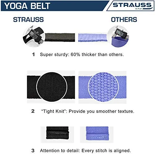 Strauss Yoga Strap & Stretching Belt | Ideal for Yoga, Pilates, Therapy, Dance, Gymnastics & Flexibility | 60% Thicker Belt with Extra Safe Adjustable Metal D-Ring Buckle | Eco-Friendly, 8 feet (Black)