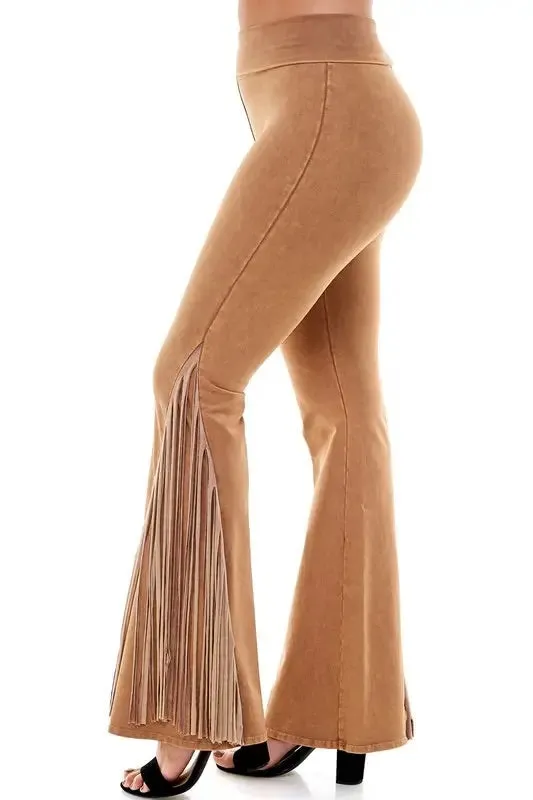 T-Party Mineral Wash Fringe Foldover Yoga Pants - Camel